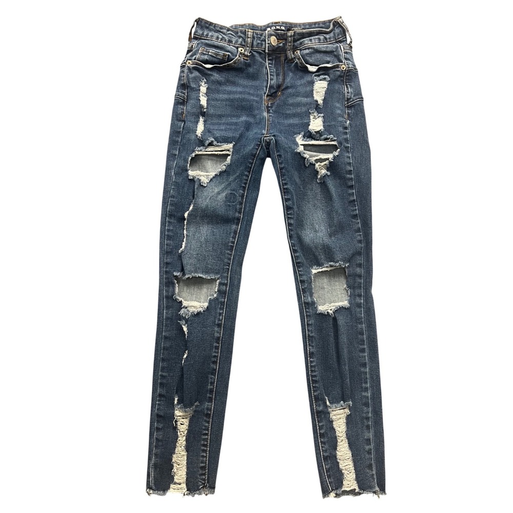 S.O.N.G. Womens Distressed‎ Skinny Jeans Blue Ripped Raw Hem Size 1/25 Stretch